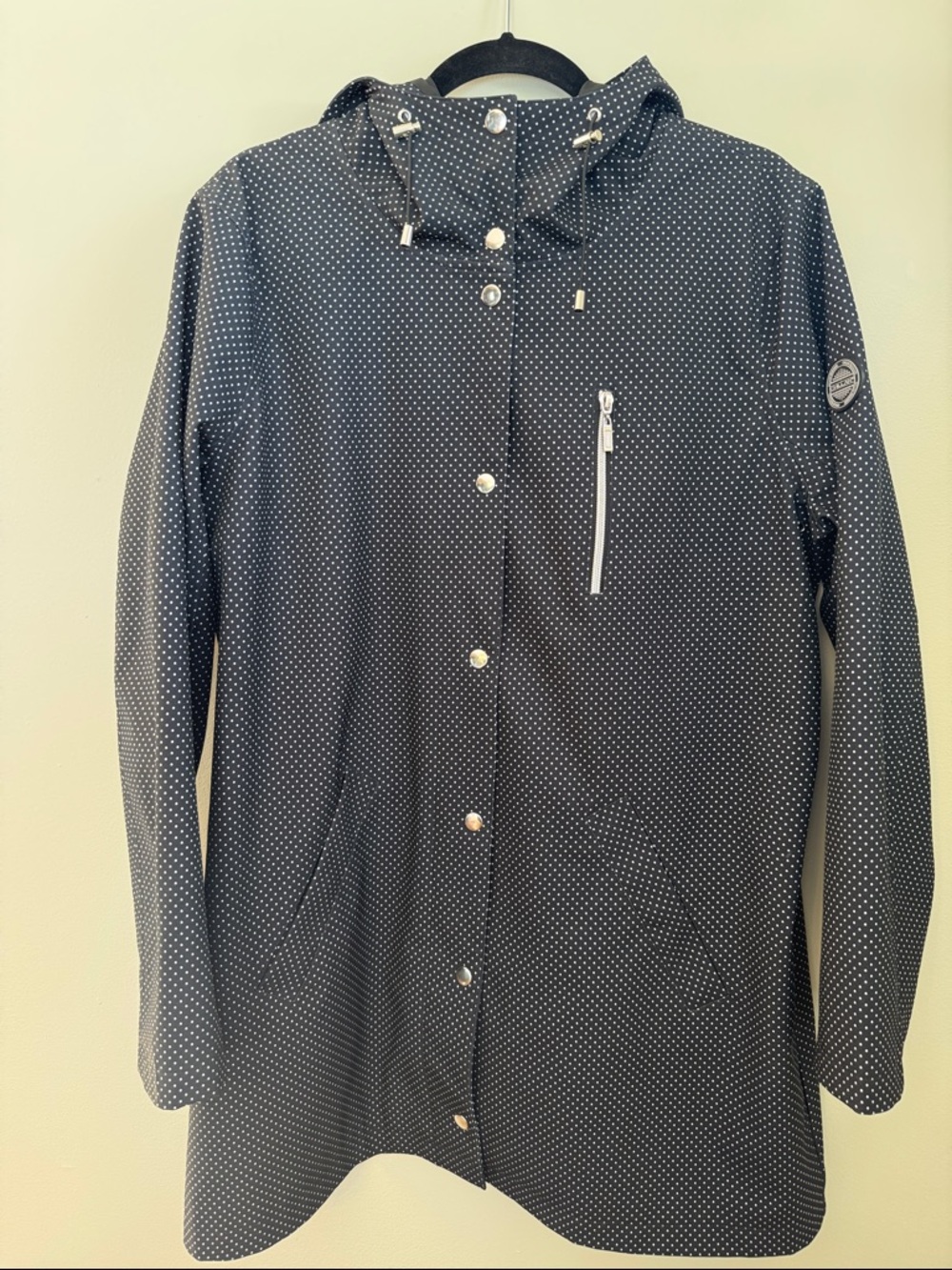 CHILLAX Women's Jacket Raincoat Black & White Polka Dot Hooded LARGE